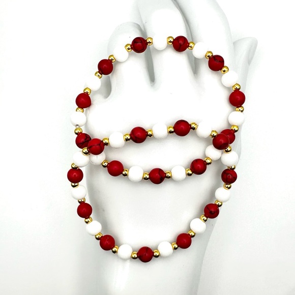 Red and White Christmas Bracelets on Stretch String | Set of 2 - Picture 5 of 7